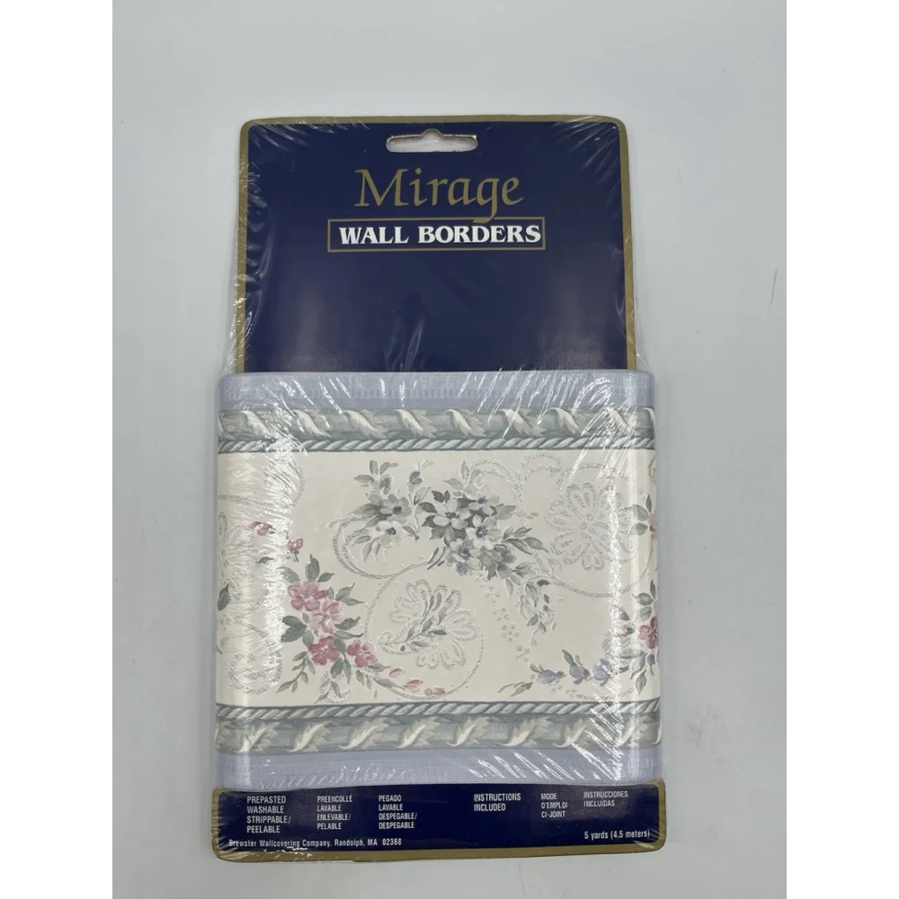 ViNtage Mirage prepasted Wallpaper Border Blue / Pink Flowers 5 yards NEW